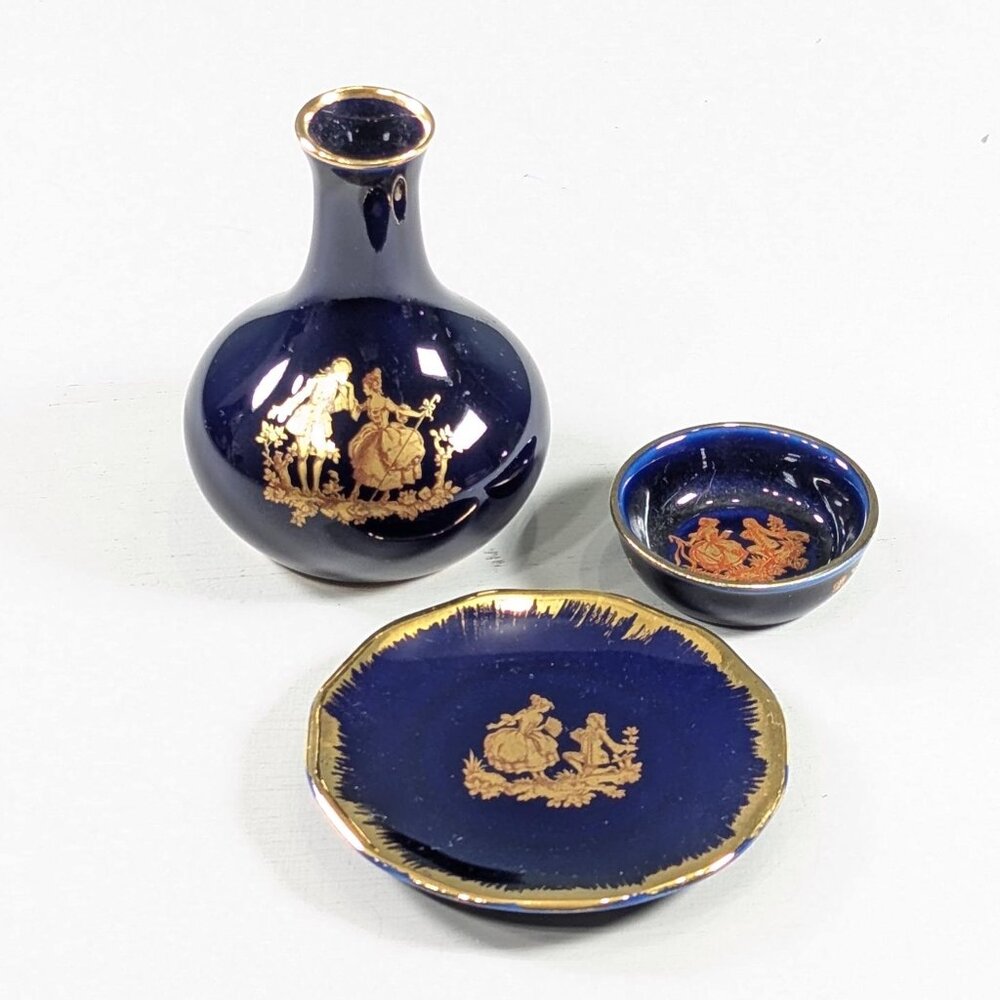 Set of 3 Porcelain Limoges France Dollhouse Miniatures, Cobalt Blue and gold
